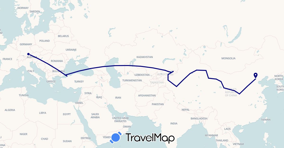 TravelMap itinerary: driving in China, Germany, Kyrgyzstan, Turkey (Asia, Europe)